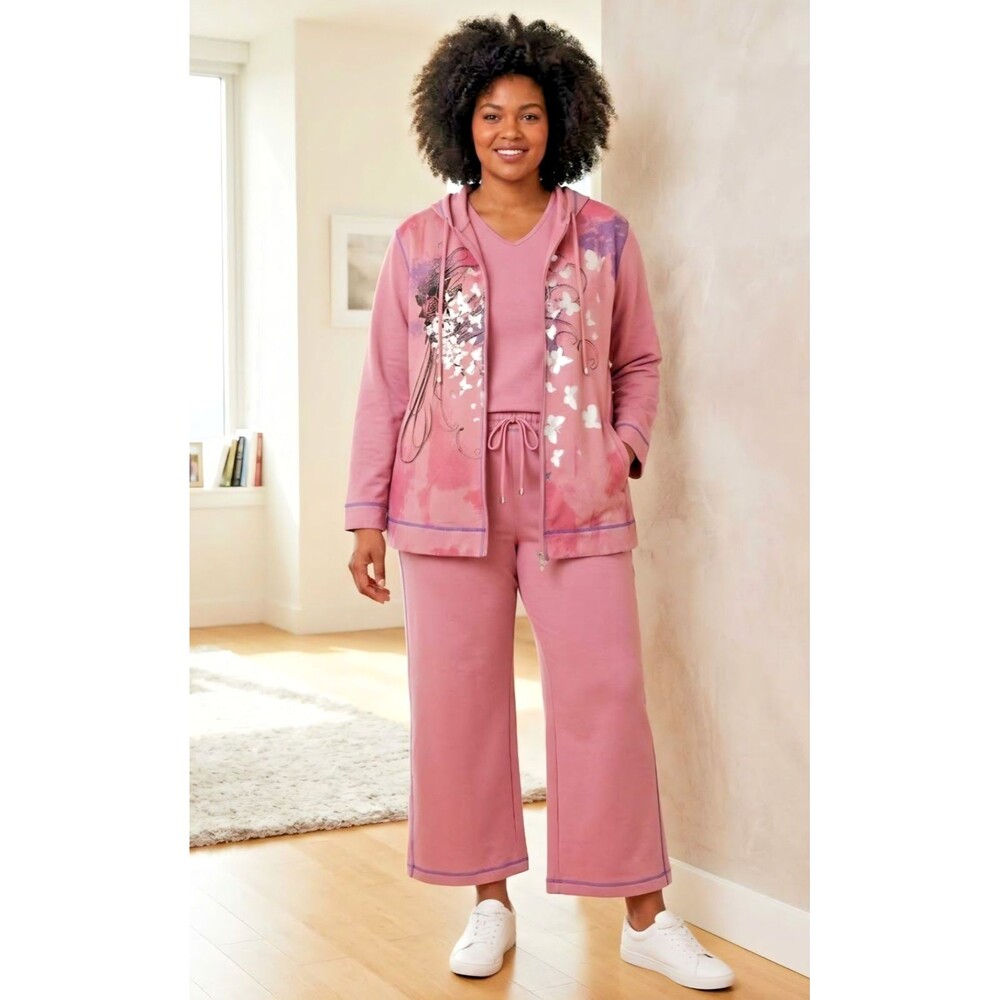 MAGGIE SWEET 3-Piece Dusty Pink Graphic Athleisure Outfit Wide Leg Crop Pant 1XP